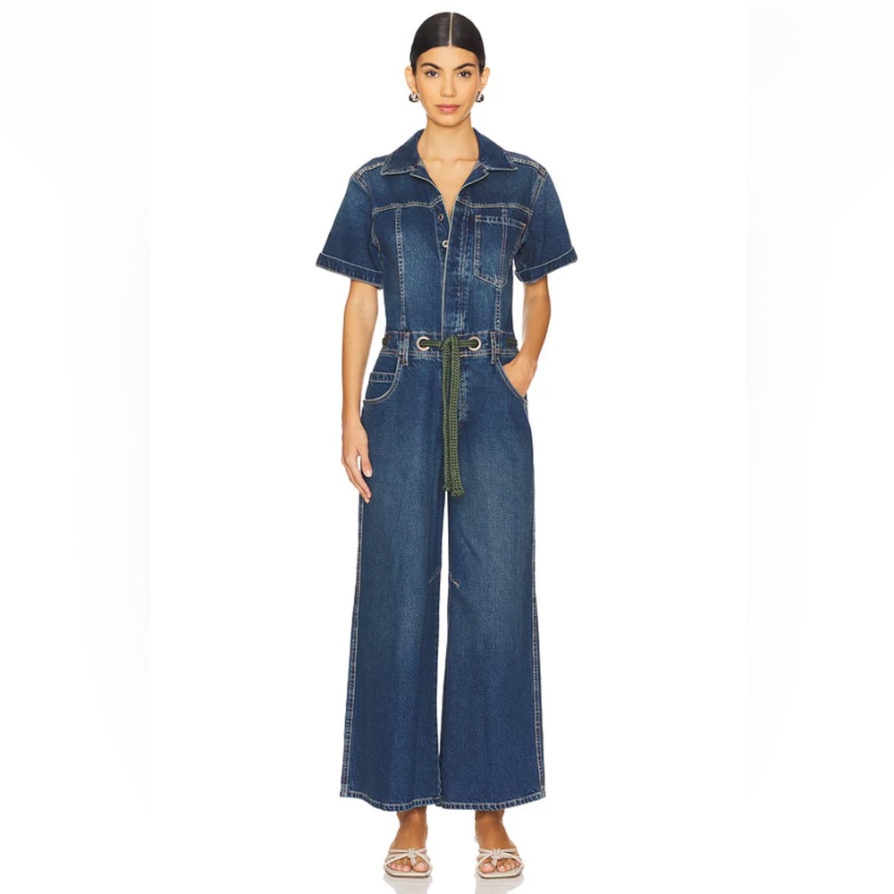 Free People Dark Blue Denim Short-Sleeve Jumpsuit